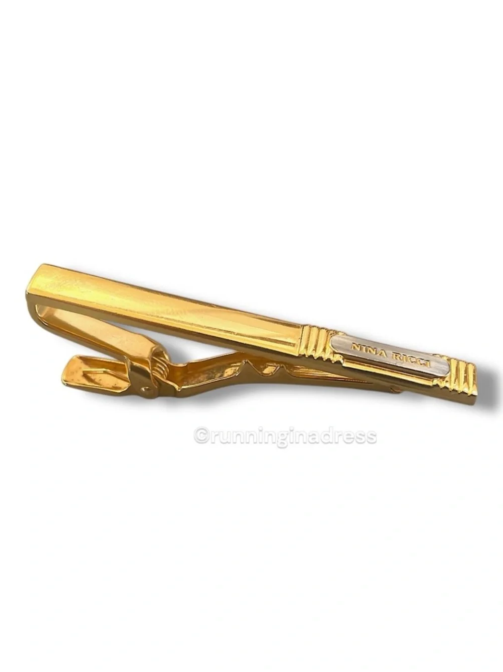 VTG Nina Ricci Paris Logo Two Tone Gold Silver Tie Clip Bar Germany Mens Jewelry